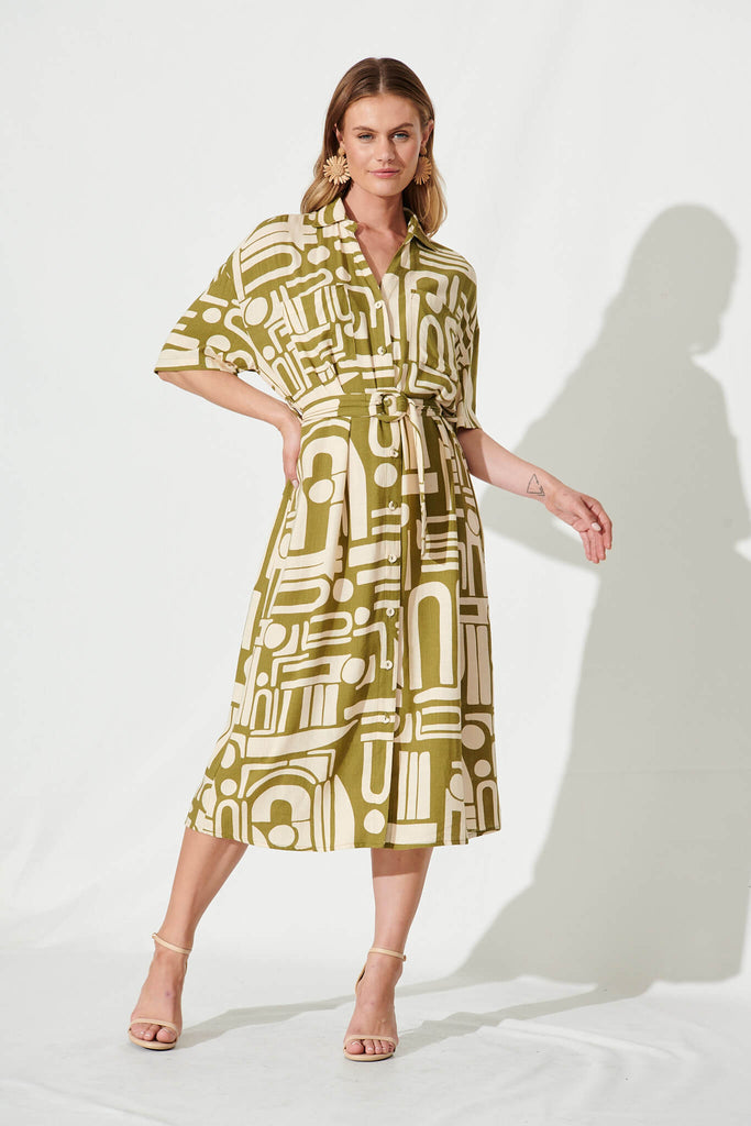 Miriam Maxi Shirt Dress In Cream And Olive Abstract Linen Blend - full length