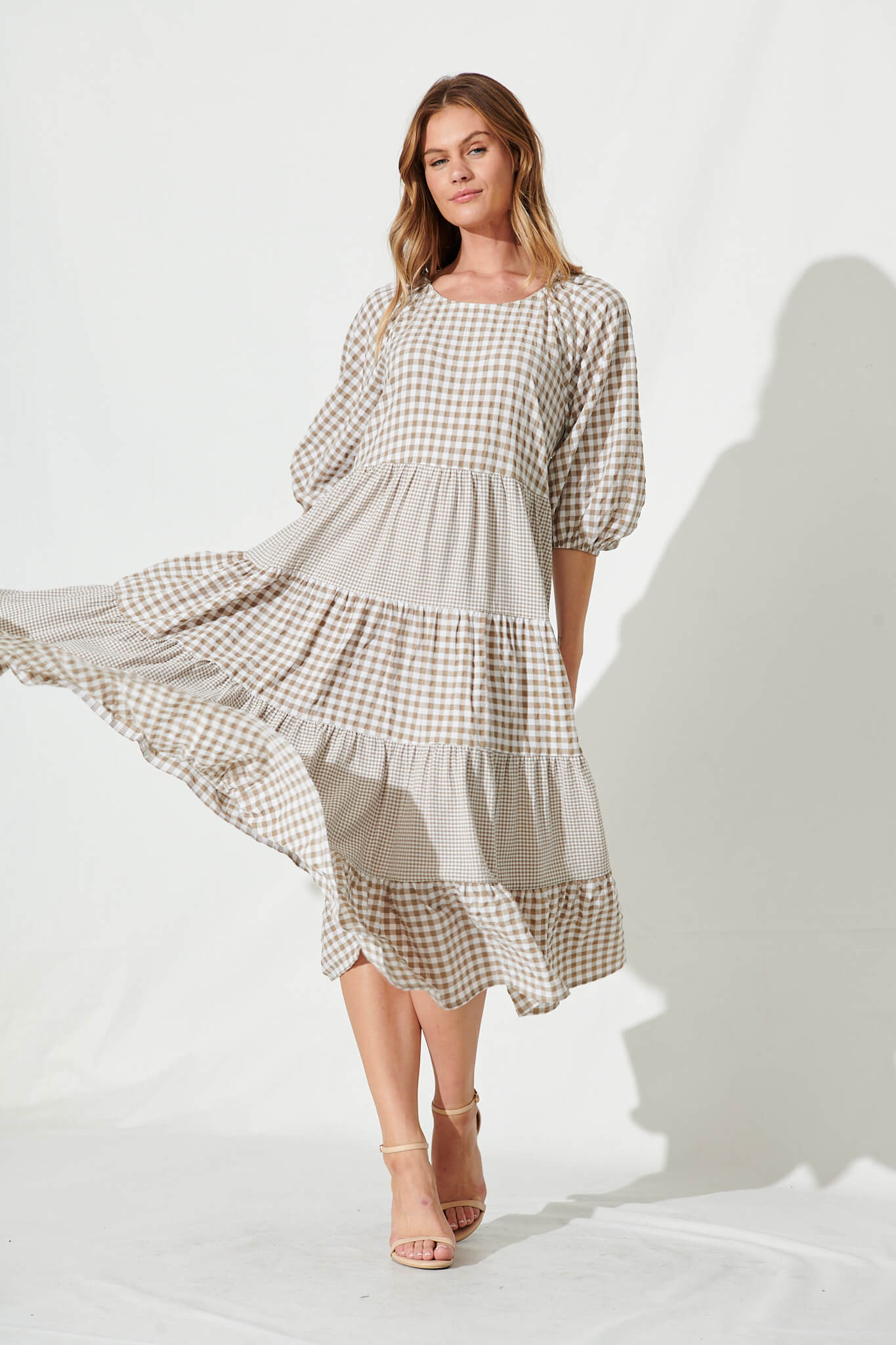 Kitty Midi Smock Dress In Beige Gingham Check St Frock