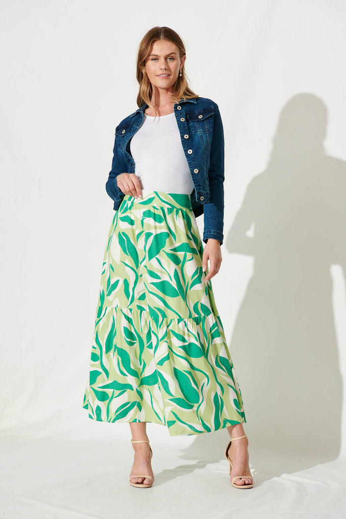 Priscilla Skirt In White And Green Leaf Print - full length