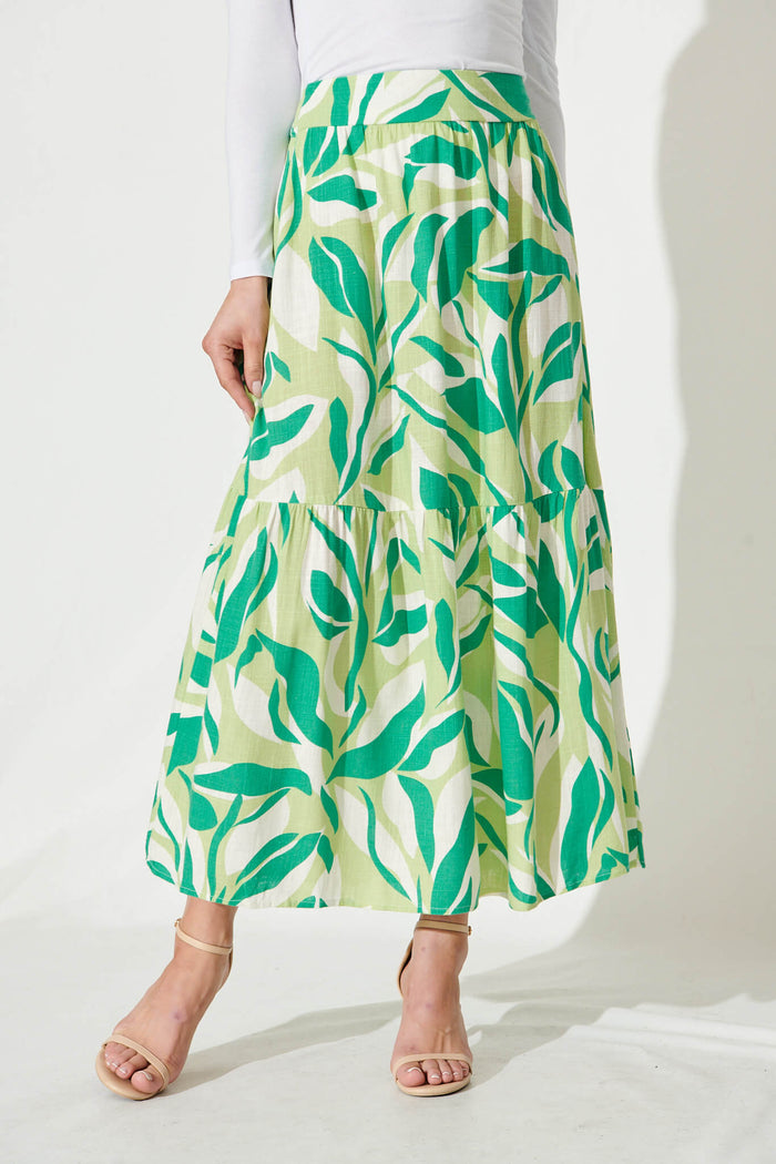 Priscilla Skirt In White And Green Leaf Print - front