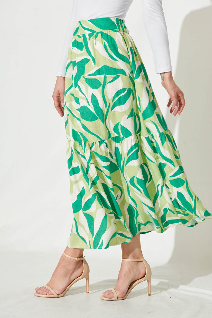 Priscilla Skirt In White And Green Leaf Print - side