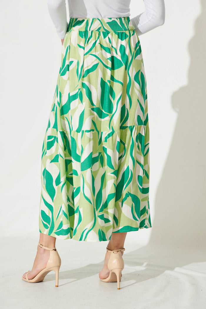 Priscilla Skirt In White And Green Leaf Print - back