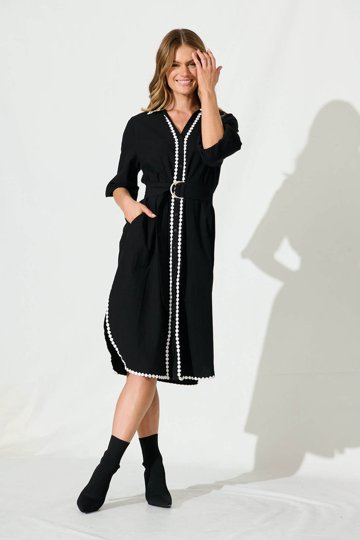 Honey Midi Shirt Dress In Black Cotton - full length