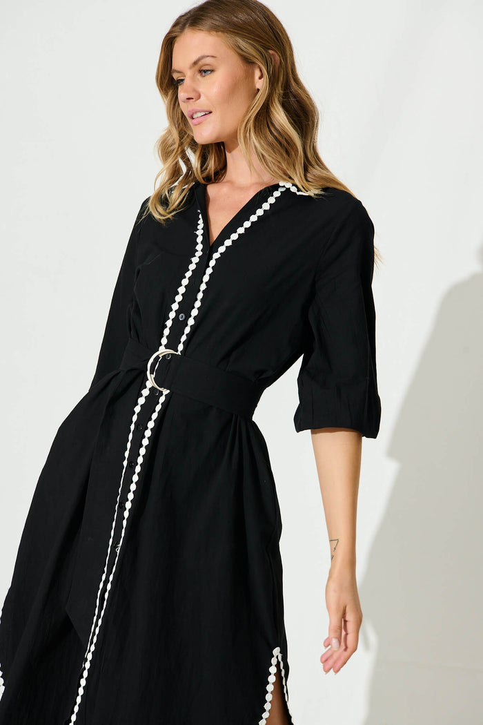 Honey Midi Shirt Dress In Black Cotton - front