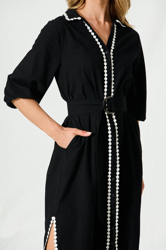 Honey Midi Shirt Dress In Black Cotton - detail