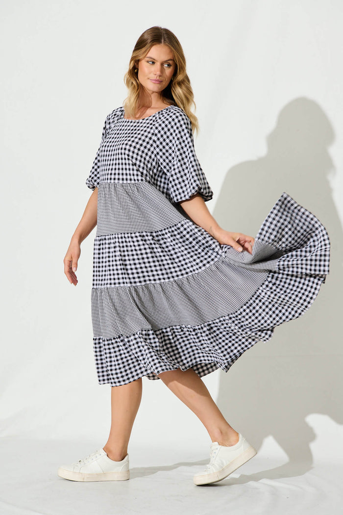Kitty Midi Smock Dress In Black Gingham Check - side