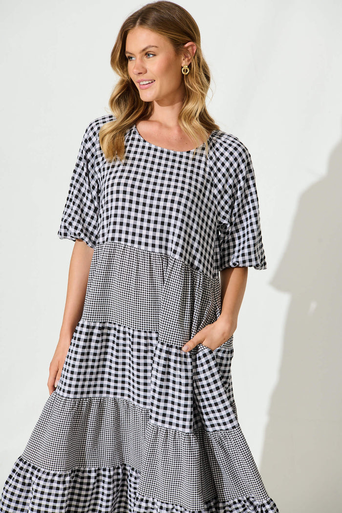 Kitty Midi Smock Dress In Black Gingham Check - front