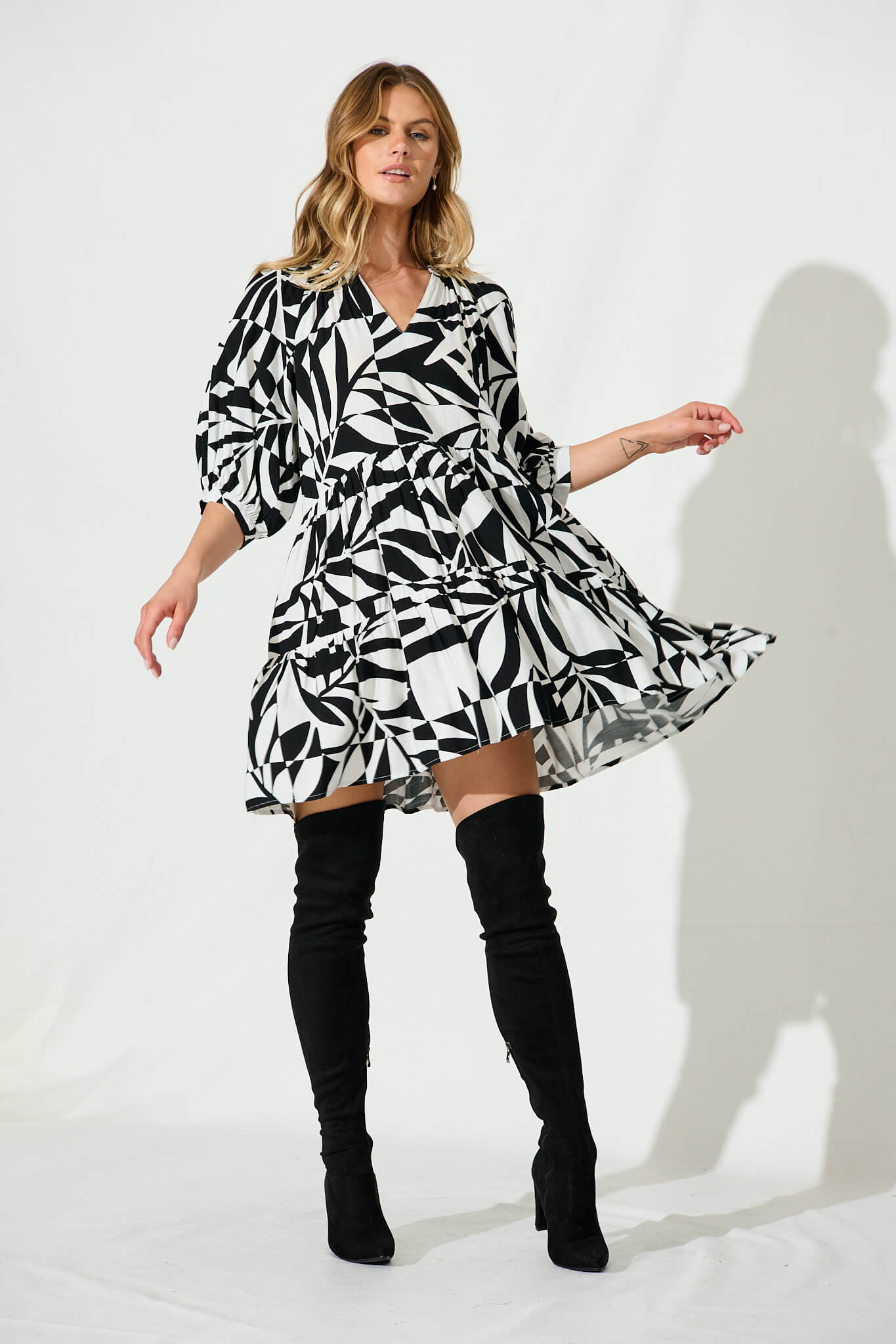 Debby Smock Dress In White With Black Print St Frock