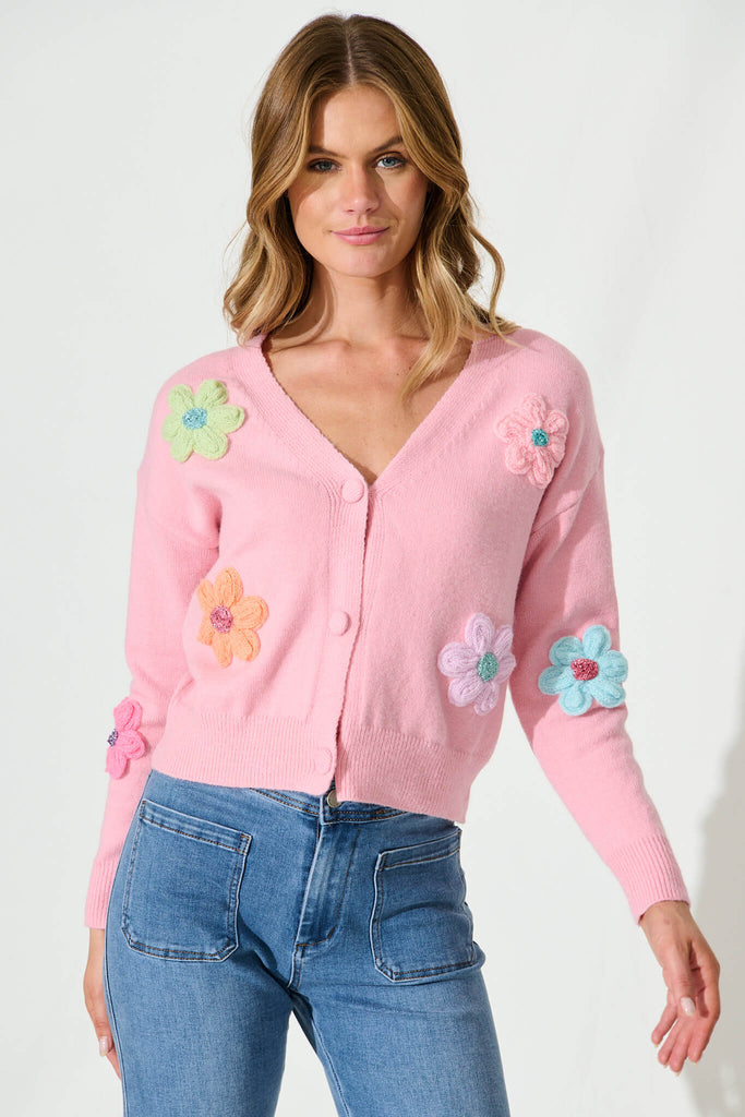 Daytales Knit Cardigan In Pink With Multi Flower Wool Blend - front