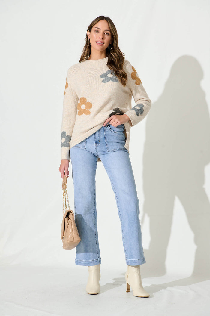 Aster Knit In Beige With Flower Wool Blend - full length