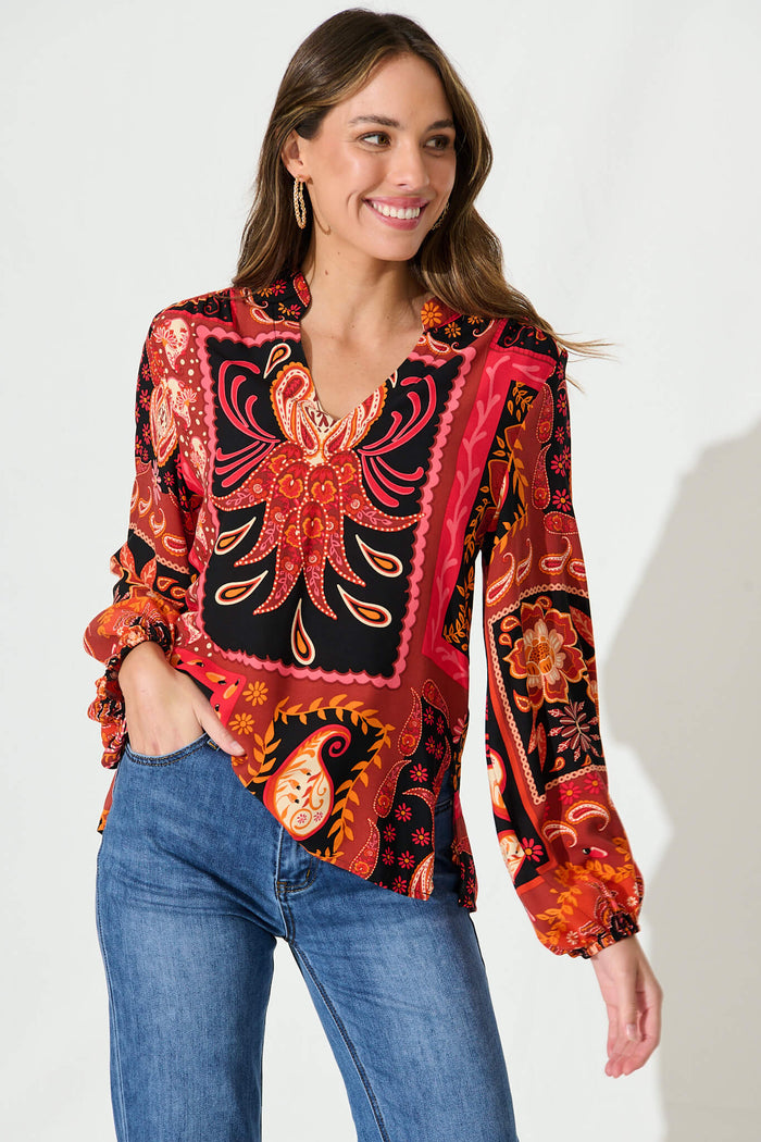 Rosalita Top In Black With Red Print - front