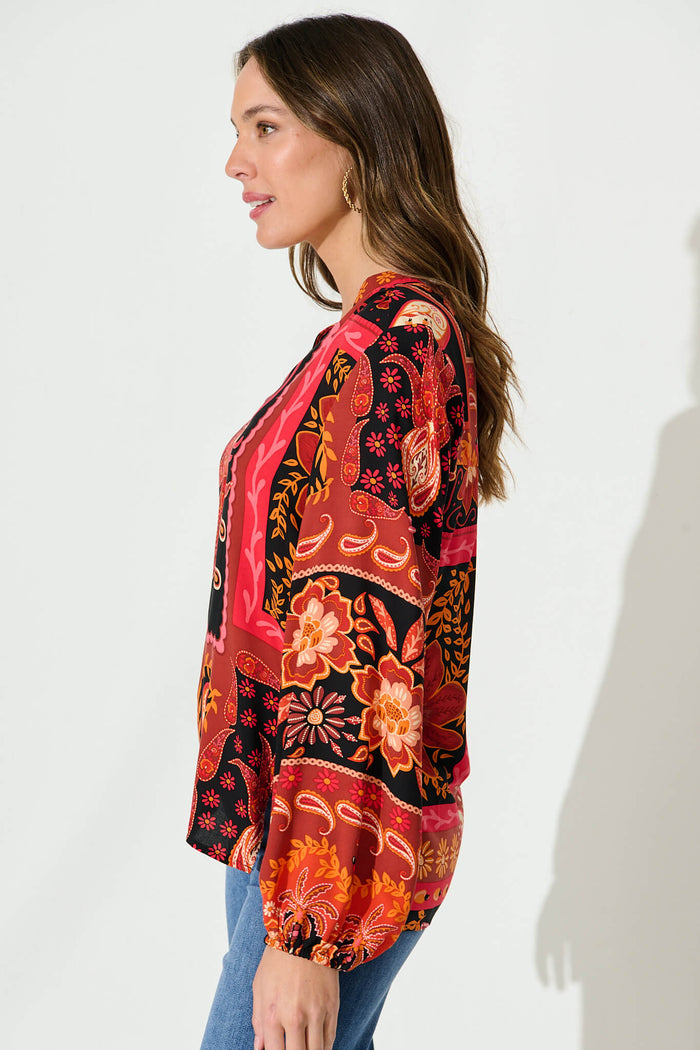 Rosalita Top In Black With Red Print - side