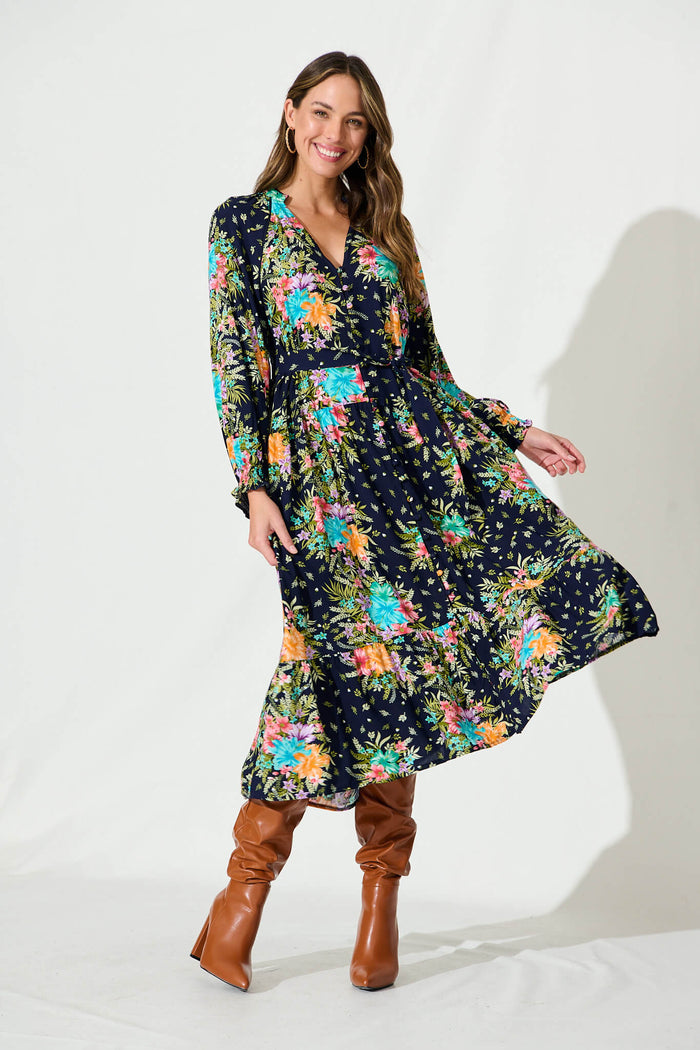 Frangipane Midi Dress In Navy With Multi Tropical Print - full length