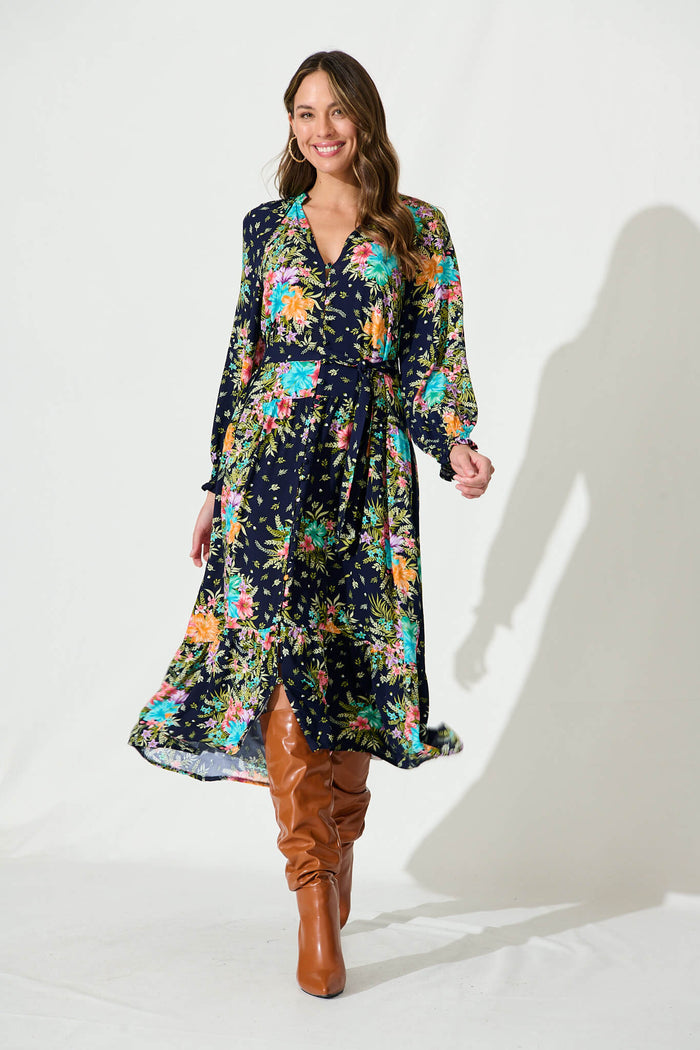 Frangipane Midi Dress In Navy With Multi Tropical Print - full length