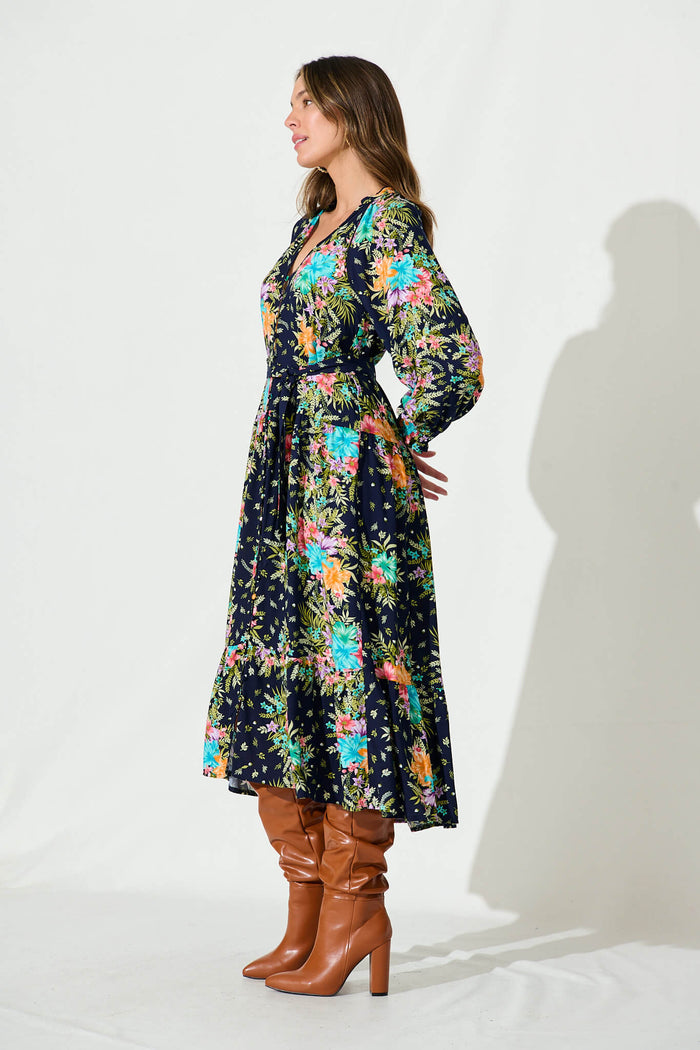 Frangipane Midi Dress In Navy With Multi Tropical Print - side