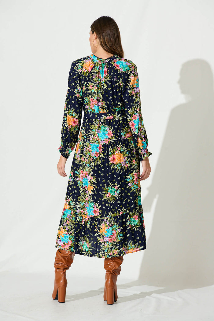 Frangipane Midi Dress In Navy With Multi Tropical Print - back
