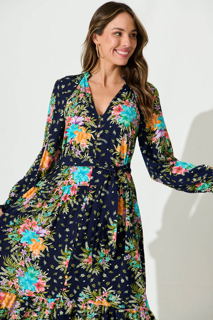 Frangipane Midi Dress In Navy With Multi Tropical Print - front