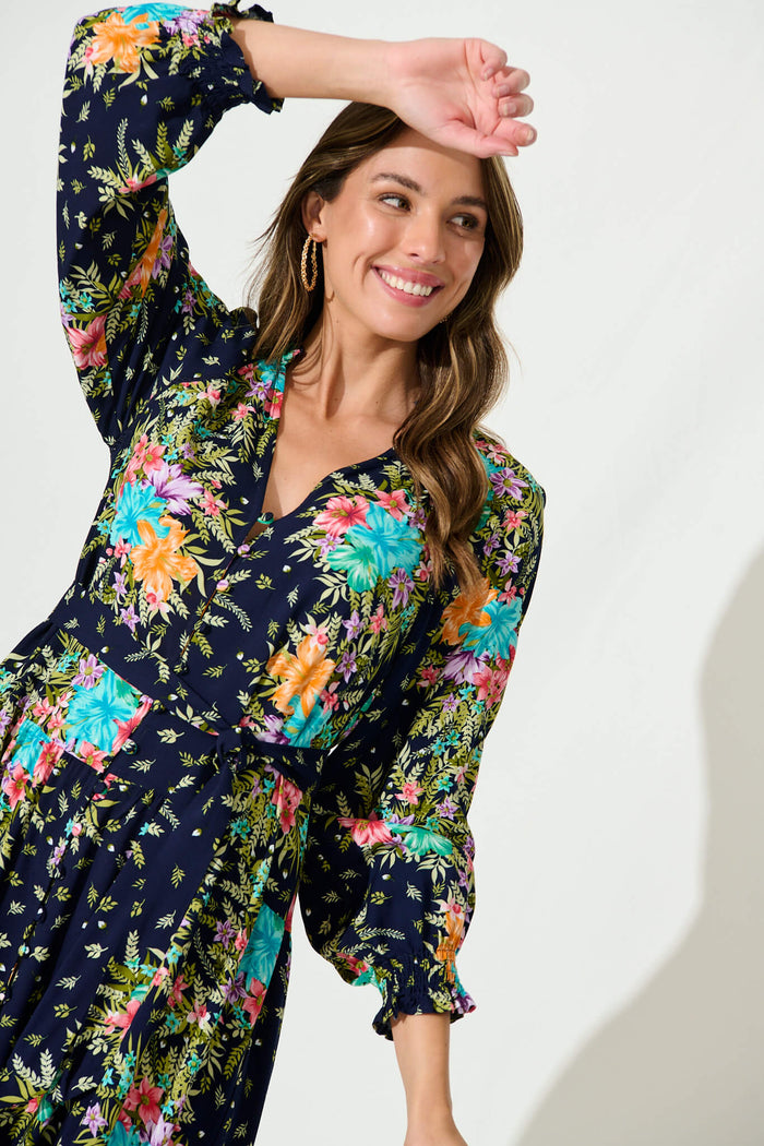 Frangipane Midi Dress In Navy With Multi Tropical Print - detail