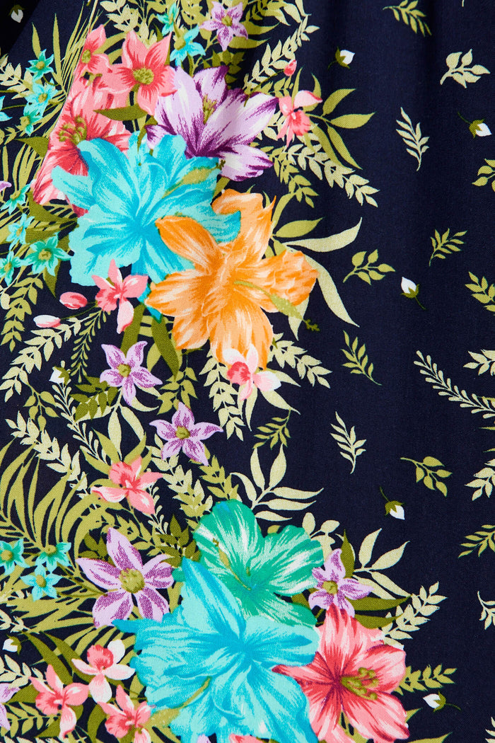 Frangipane Midi Dress In Navy With Multi Tropical Print - fabric