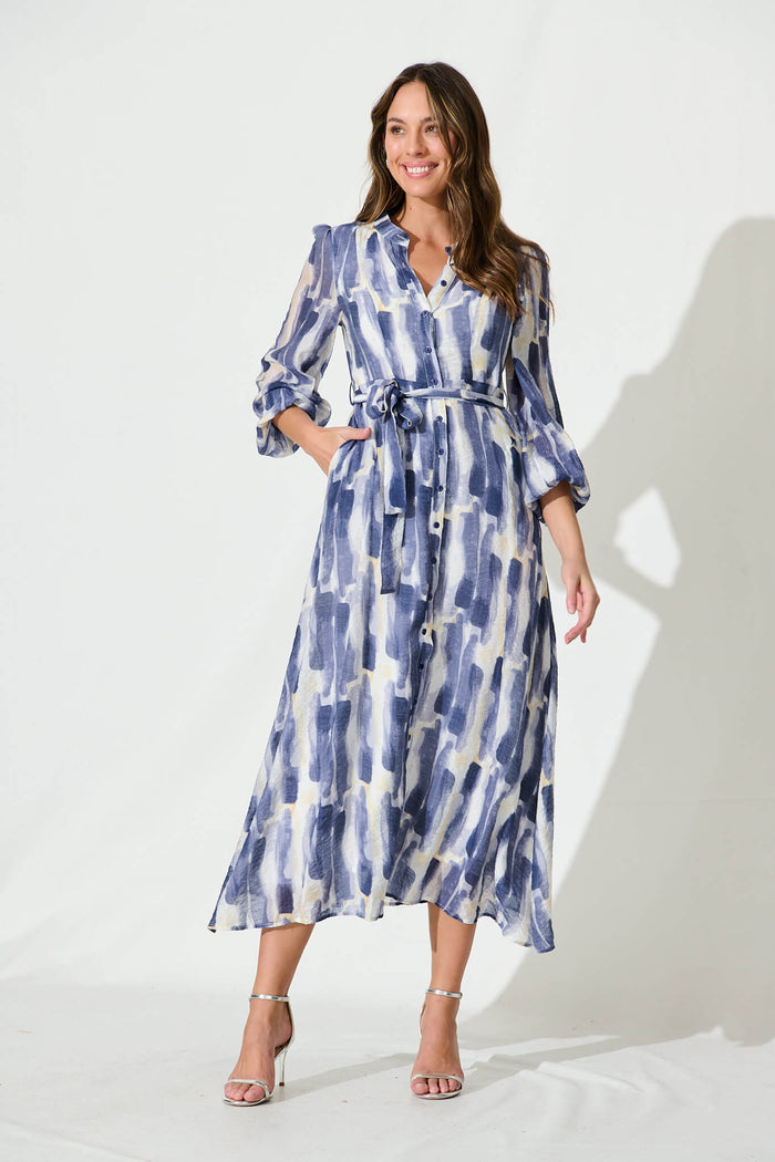 Lorie Maxi Shirt Dress In Blue Multi Brushstroke Print Cotton Blend - full length