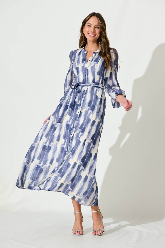 Lorie Maxi Shirt Dress In Blue Multi Brushstroke Print Cotton Blend - full length