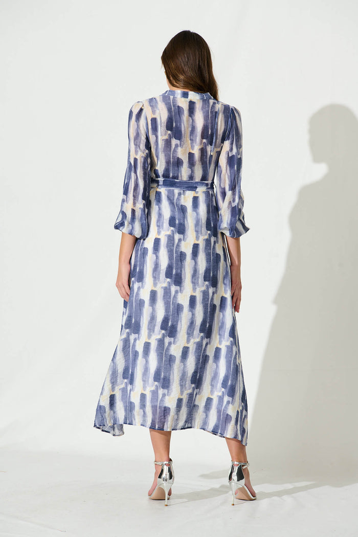 Lorie Maxi Shirt Dress In Blue Multi Brushstroke Print Cotton Blend - back