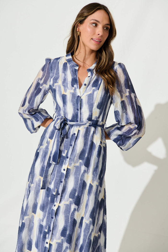 Lorie Maxi Shirt Dress In Blue Multi Brushstroke Print Cotton Blend - front