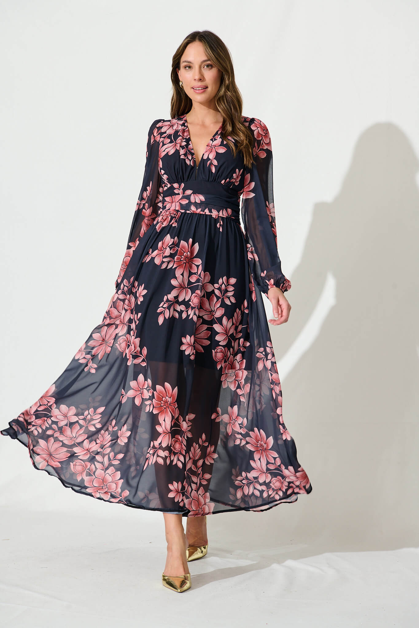 Kristy Maxi Dress In Black With Blush Floral Chiffon St Frock