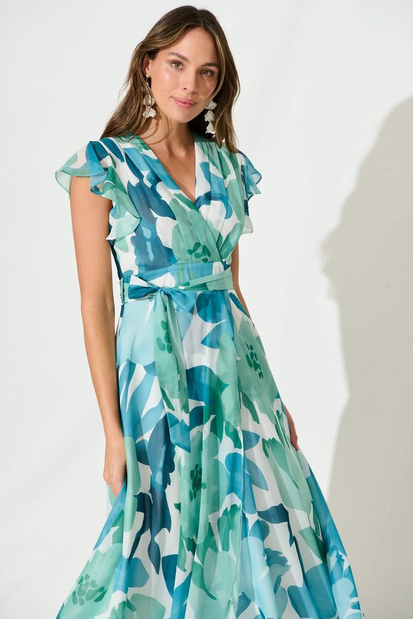 Wynter Maxi Dress In Green And Blue Floral Chiffon