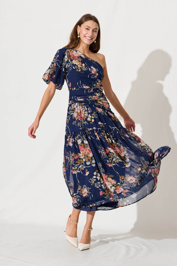 Berlyn One Shoulder Maxi Dress In Navy Floral Chiffon - full length