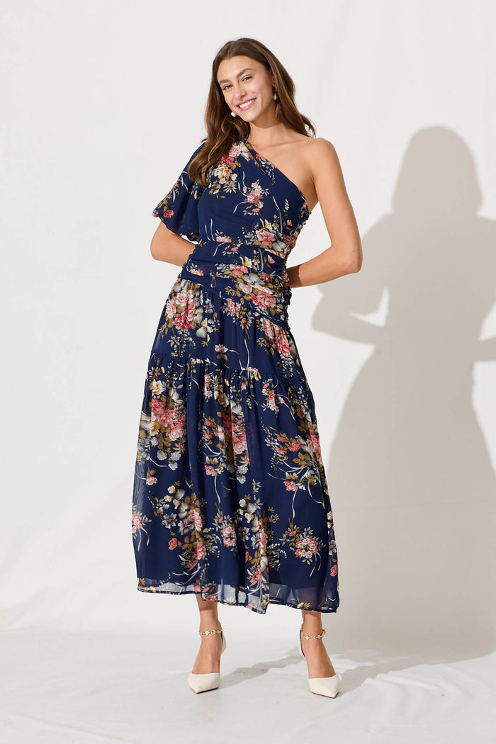 Berlyn One Shoulder Maxi Dress In Navy Floral Chiffon - full length