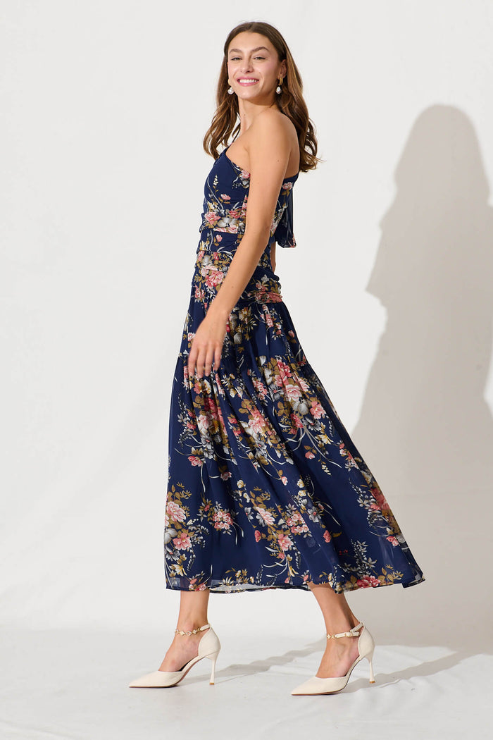 Berlyn One Shoulder Maxi Dress In Navy Floral Chiffon - side