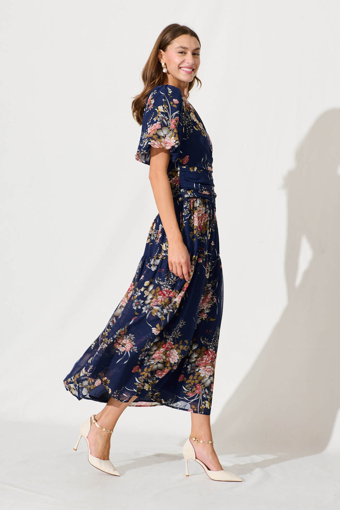Berlyn One Shoulder Maxi Dress In Navy Floral Chiffon - side