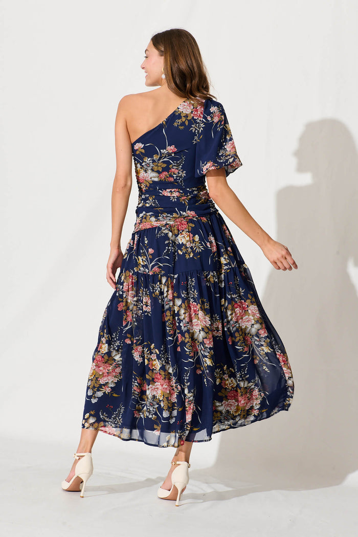 Berlyn One Shoulder Maxi Dress In Navy Floral Chiffon - back