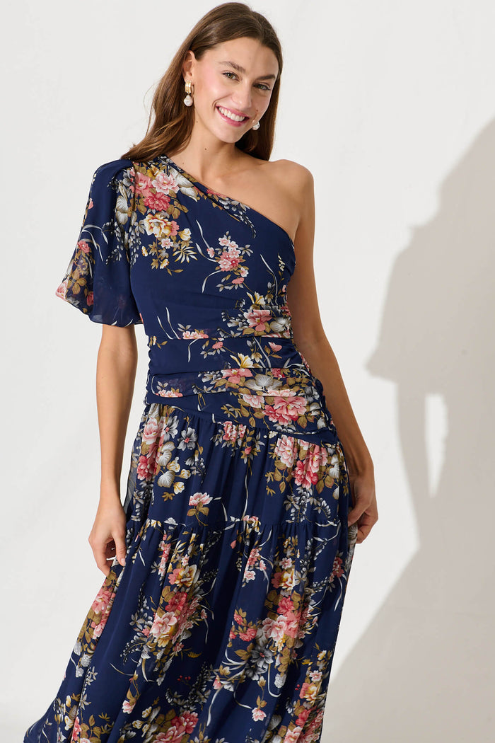 Berlyn One Shoulder Maxi Dress In Navy Floral Chiffon - front