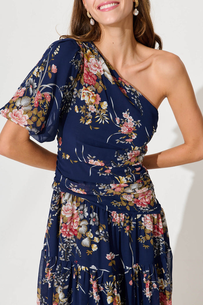 Berlyn One Shoulder Maxi Dress In Navy Floral Chiffon - detail