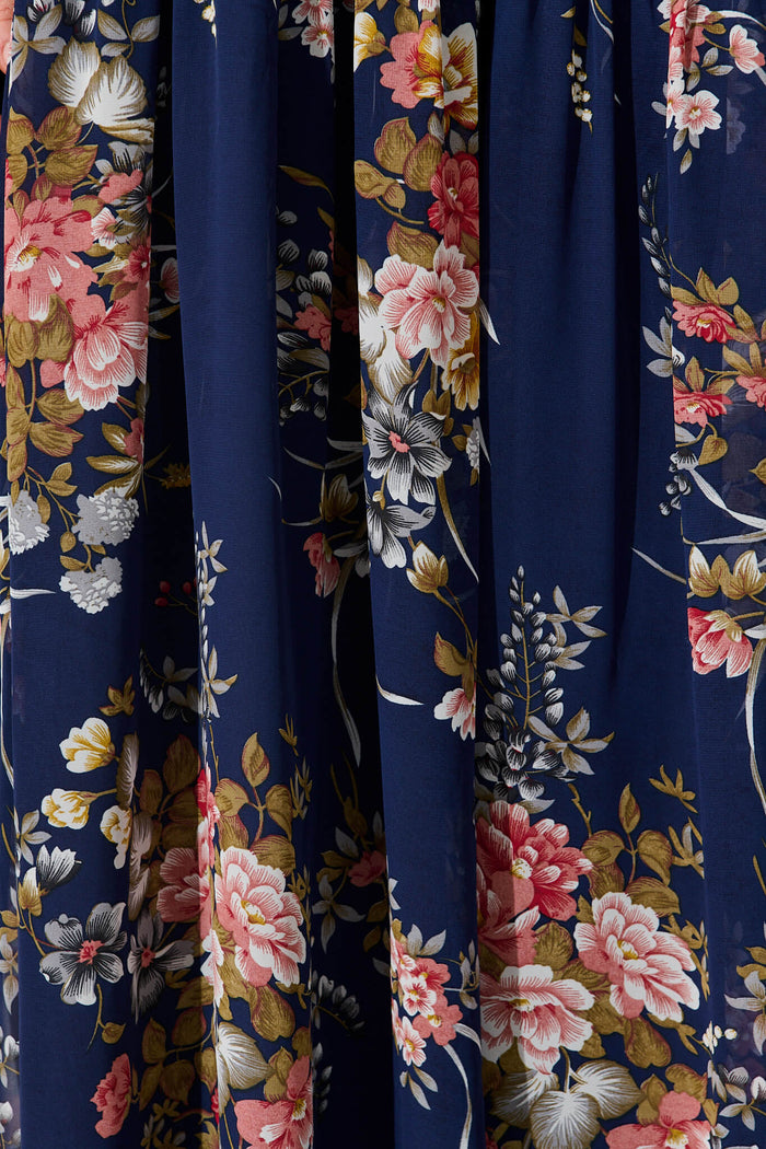 Berlyn One Shoulder Maxi Dress In Navy Floral Chiffon - fabric