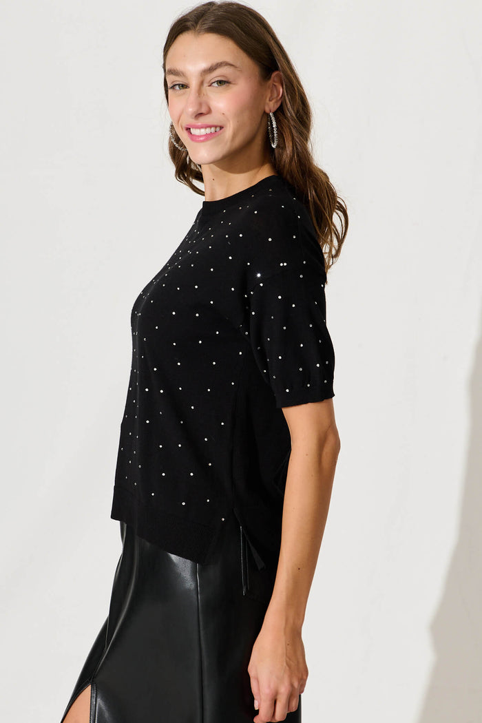 Bell Knit Top In Black With Diamonte - side