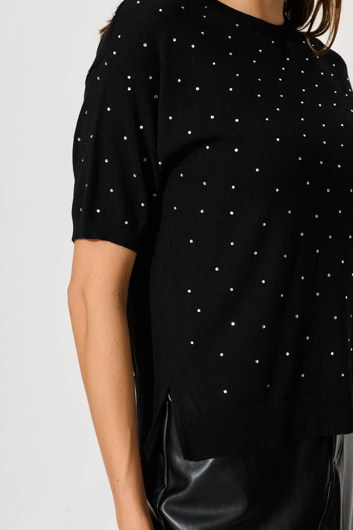 Bell Knit Top In Black With Diamonte - detail