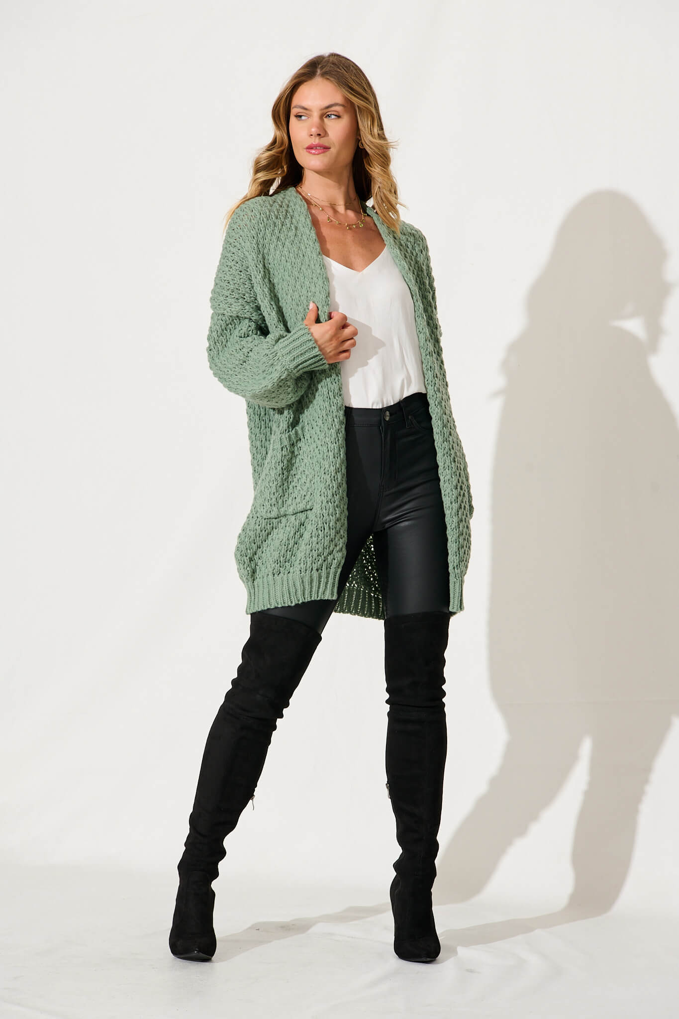 Tranquil Knit Cardigan In Pale Green Wool Blend - full length