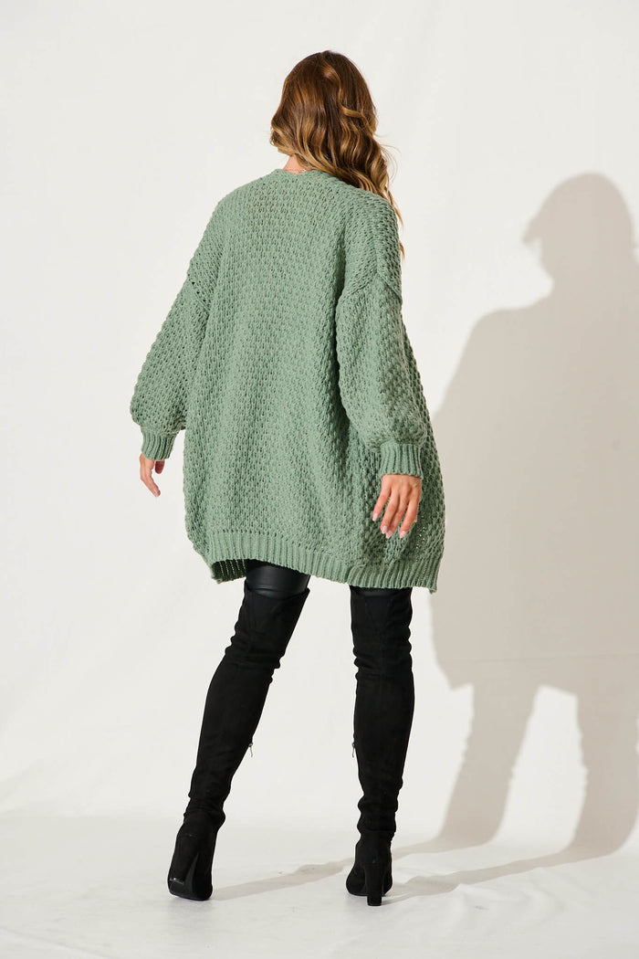 Tranquil Knit Cardigan In Pale Green Wool Blend - back