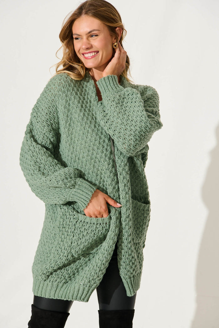 Tranquil Knit Cardigan In Pale Green Wool Blend - front