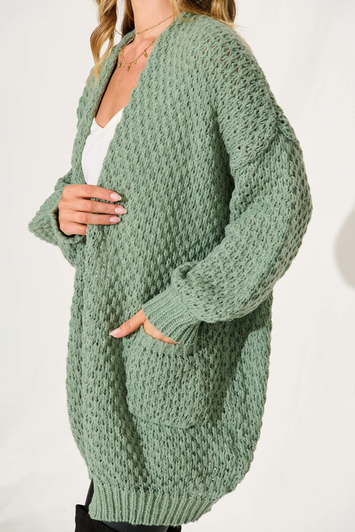 Tranquil Knit Cardigan In Pale Green Wool Blend - detail