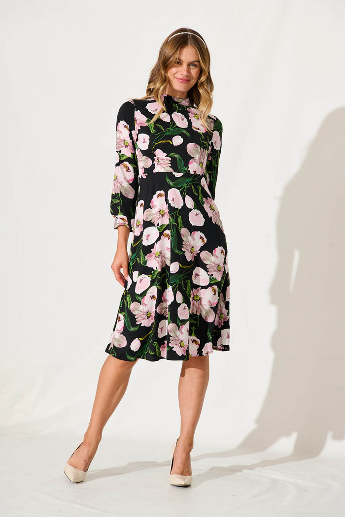 Gabriel Dress In Black With Blush Floral - full length