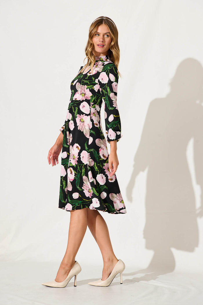 Gabriel Dress In Black With Blush Floral - side