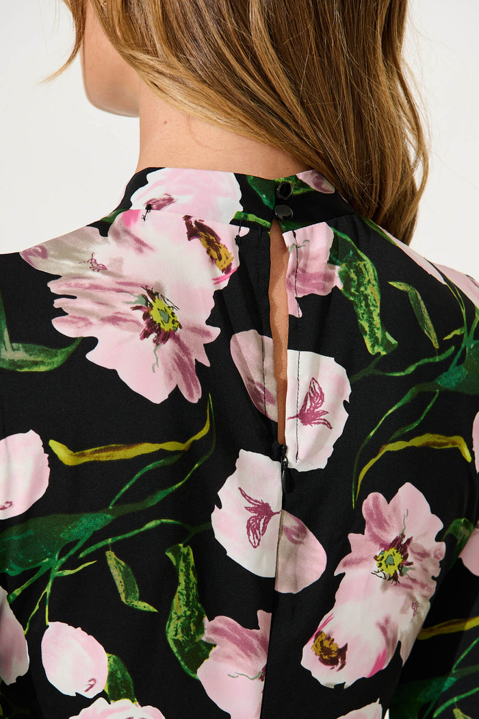 Gabriel Dress In Black With Blush Floral - detail
