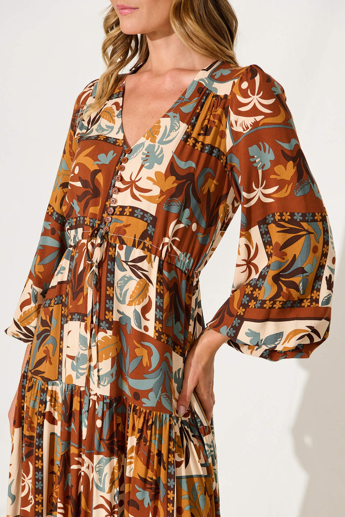 Financier Maxi Dress In Chocolate Multi Patchwork Print - detail