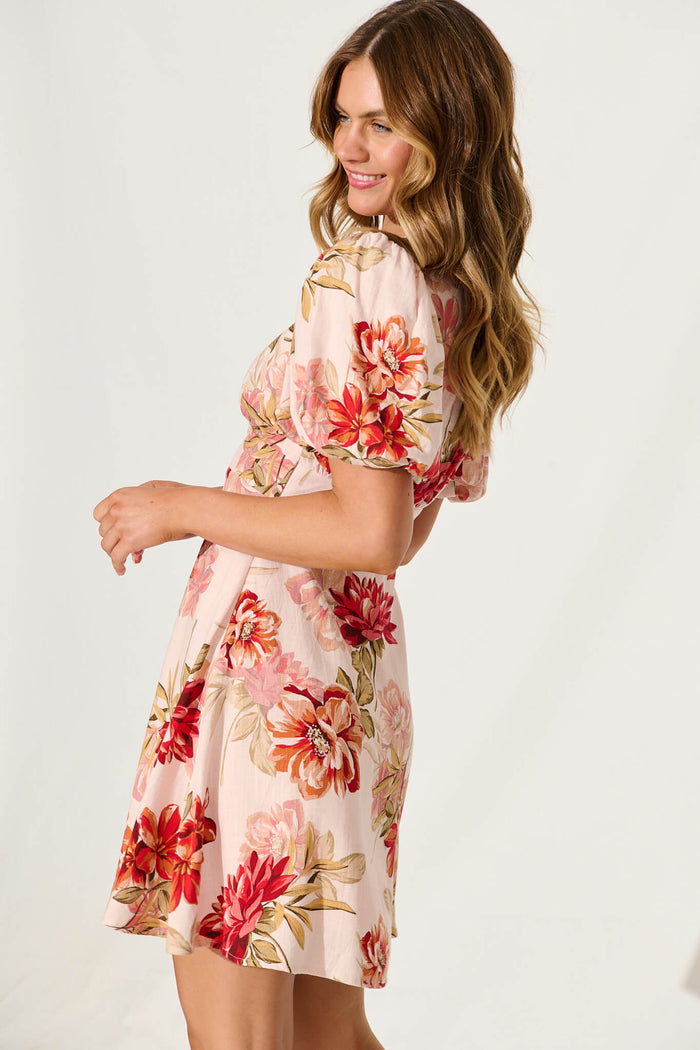 July Dress In Blush And Beige Floral Linen Blend - side