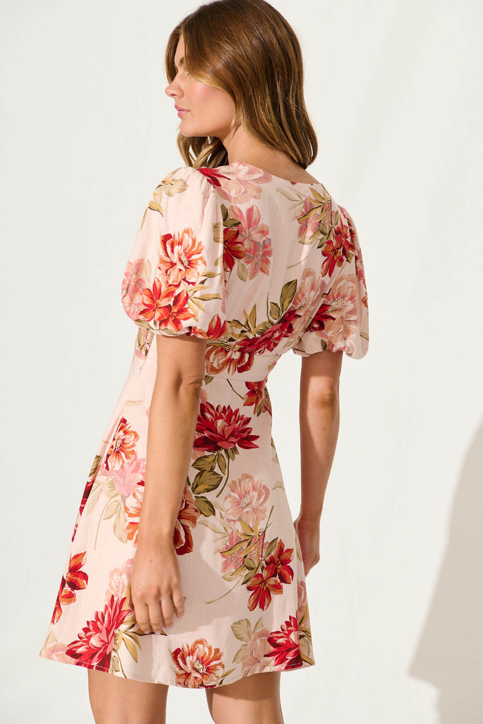 July Dress In Blush And Beige Floral Linen Blend - back