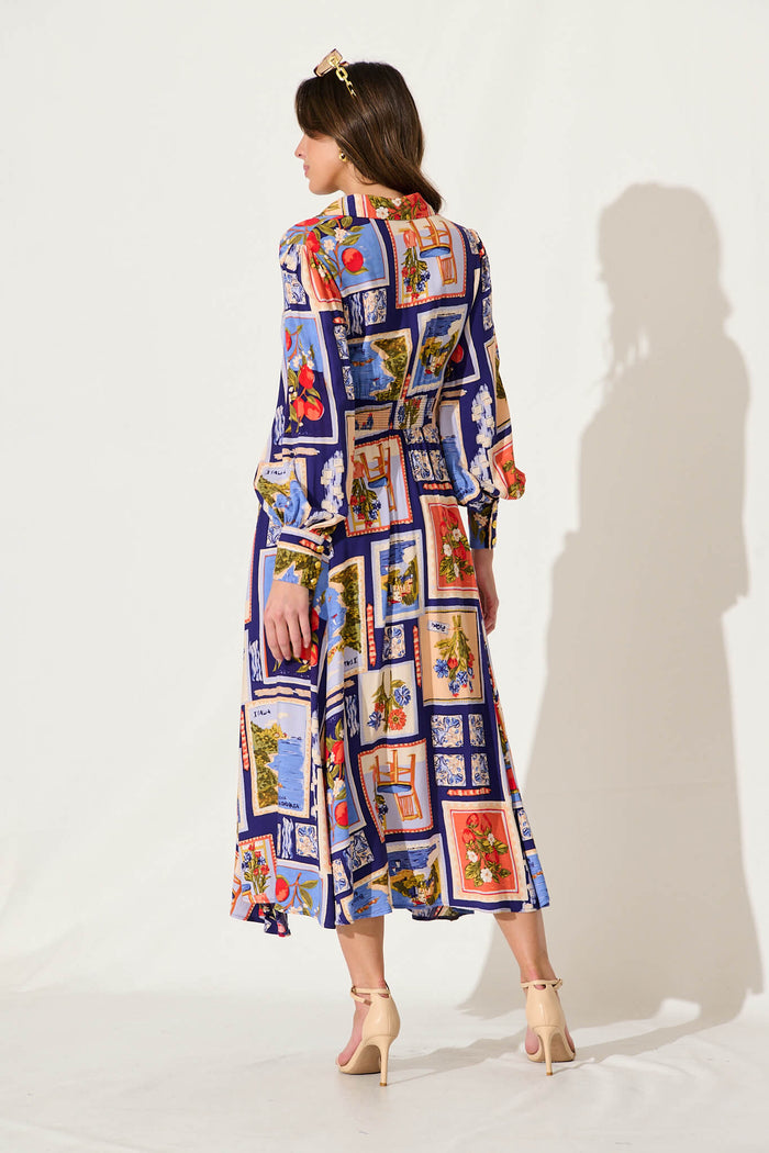 Ciao Bella Maxi Shirt Dress In Blue Multi Postcard Print - back